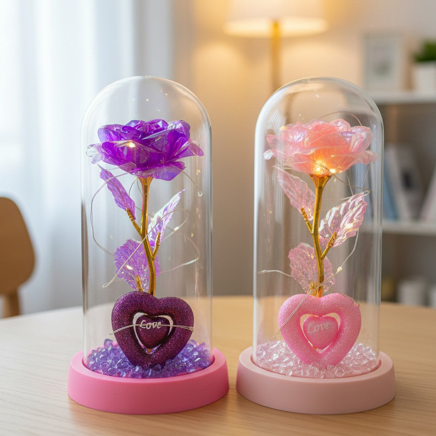 Caja de regalo de rosa de oro transfronteriza cubierta de vidrio acrílico regalo de San Valentín imitación de flores adornos de regalo eterno