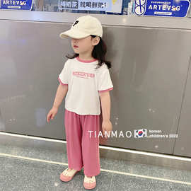 夏季冰丝新款女童宝宝套装短袖阔腿裤透气百搭中小童休闲两件套潮