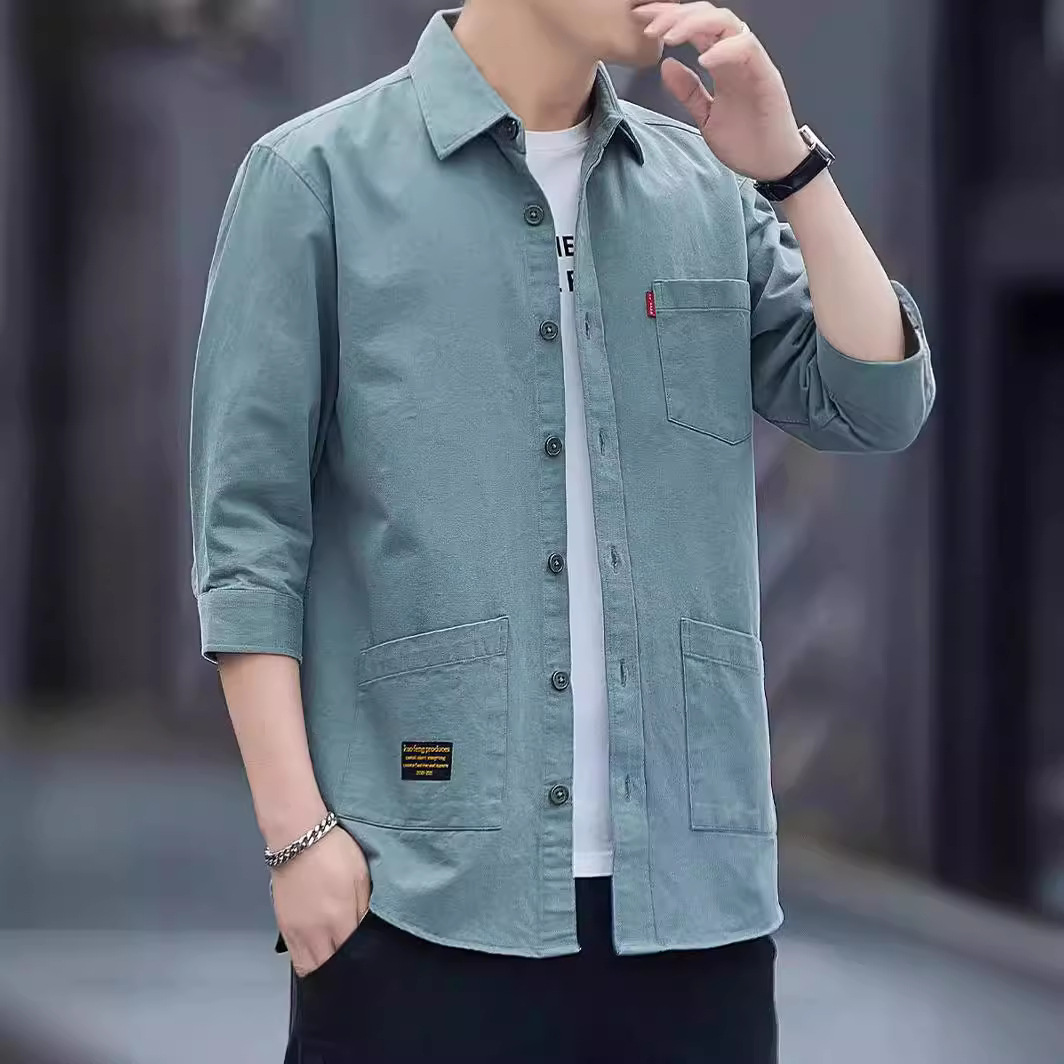 Spring and Autumn American retro multi-bag business casual shirt men's high-grade trendy cotton shirt outer wear