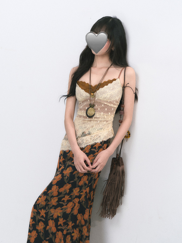 纯欲碎花蕾丝掐腰连衣裙女夏御姐小众古着吊带裙长裙|undefined