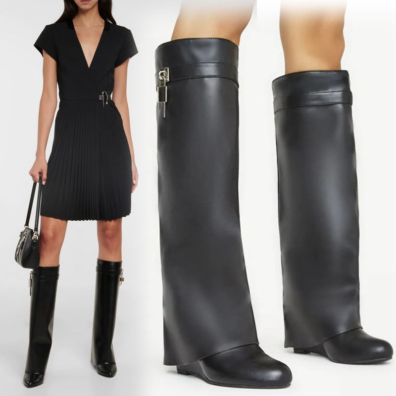 Damesschoenen retro buis omtrek puntige metalen slot wig hak broek buitenlandse handel grote maat mouw catwalk_voghion.com