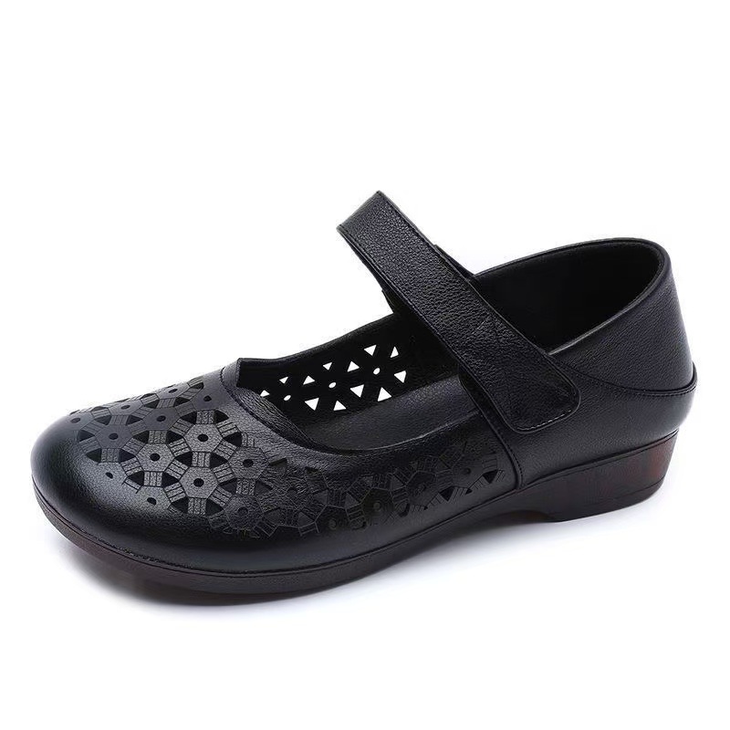 Velcro sandalias de tendón de toro transpirable antideslizante de mediana edad madre zapatos de mujer suave antideslizante hueco zapatos agujeros
