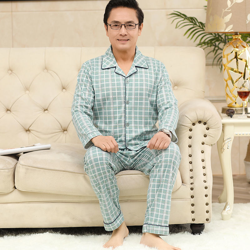 Pijamas de mediana edad y ancianos para hombres de primavera y verano 100% algodón de manga larga más tamaño cardigan Delgado traje de homewear