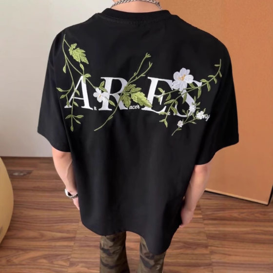 Heavy Industry Street New Chinese Flower Embroidery Profile Short-sleeved T-shirt Men's and Women's National Fashion All-match Round Neck Summer Clothes