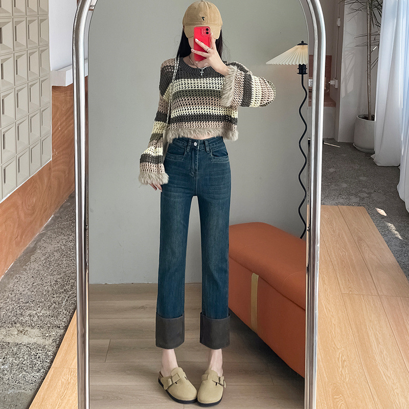 스티칭 연기 파이프 자른 청바지 여자의 가을 겨울 기모 두꺼운 높은 허리 새 스타일 스트레이트 탄성 곡선 슬림 룩 바지