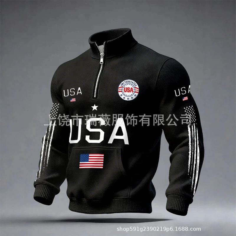 New men's 250th anniversary American flag waffle knit half-zip sweatshirt for cross-border independent stores
