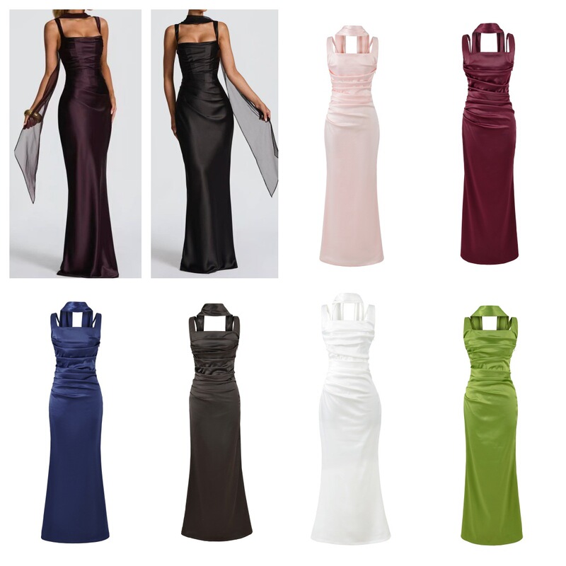 New Foreign Trade Style Elegant Fishbone Tie Waist Long Dress Sexy Square Neck Banquet Evening Gown Mermaid Dress