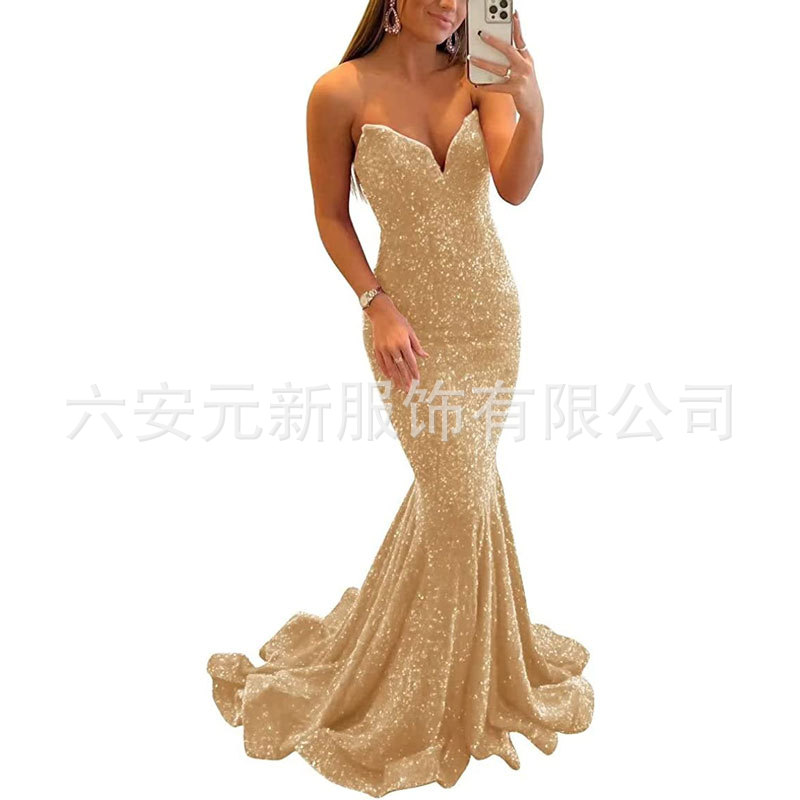 Europeo y americano Comercio exterior Amazon nuevo lentejuelas fishtail sexy V-cuello adelgazamiento largo banquete bola fiesta vestido de noche image 14