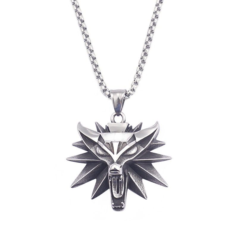 European and American game peripheral jewelry Wizard 3 Witcher3 Hunter wolf head titanium steel men's necklace pendant wholesale