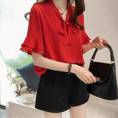 Real shot 2021 Fat sister Large Frenum bow Chiffon shirt Easy pagoda sleeve jacket Solid Base coat