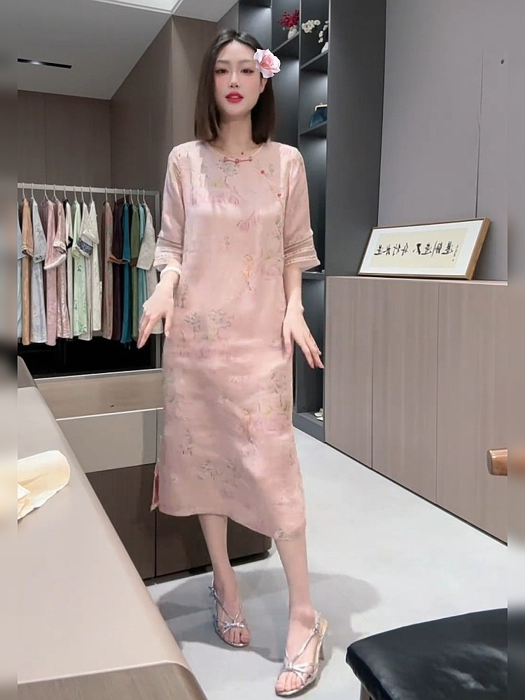 Đầm maxi nữ thắt eo phong cách Trung Hoa mới FLB5036 — Váy hồng phong cách Trung Hoa mới