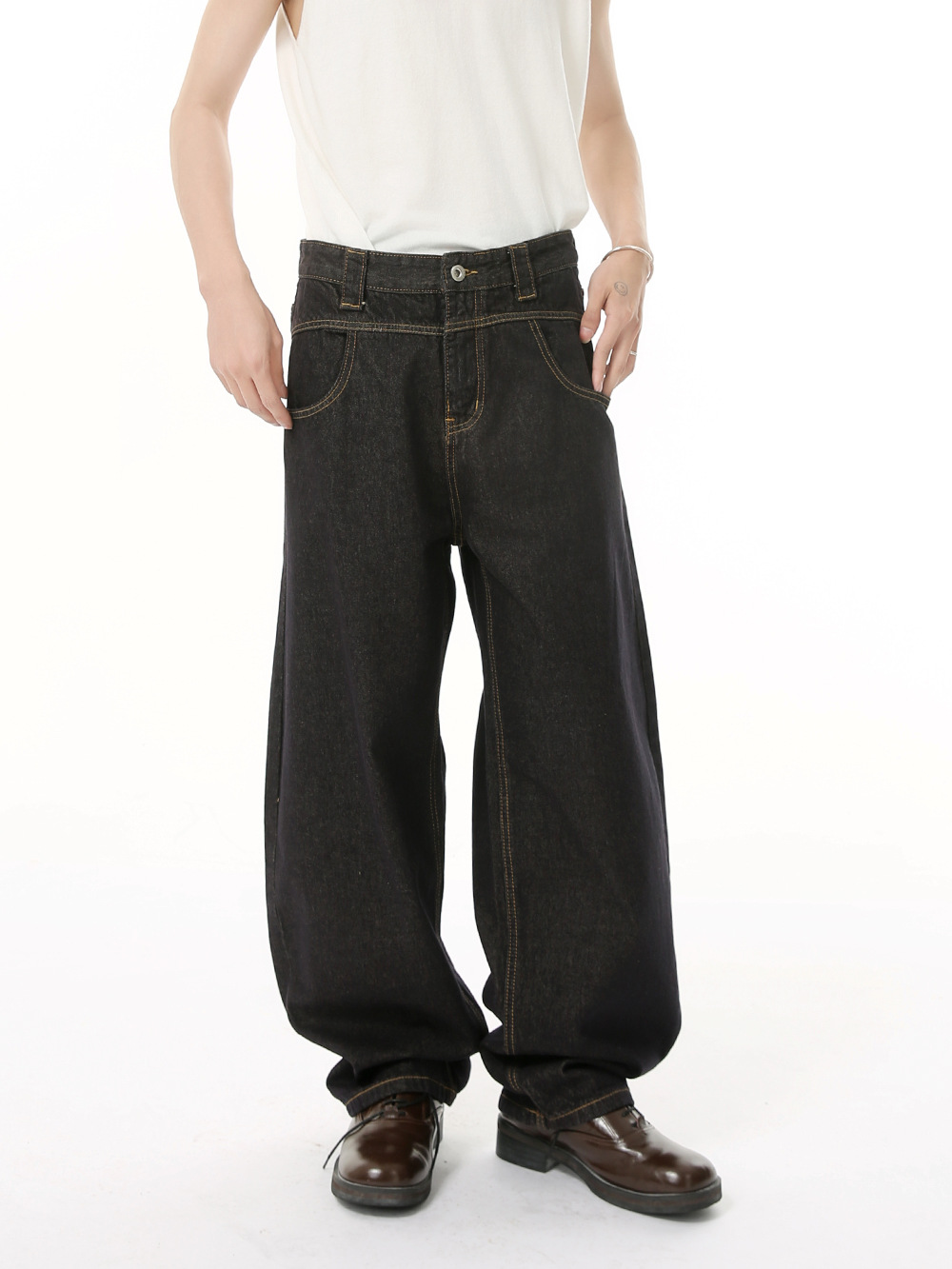 MTLCLOTHES para hombre | Vibe simple americano deconstrucción cimitarra tala Vaqueros lavados sueltos retro de moda