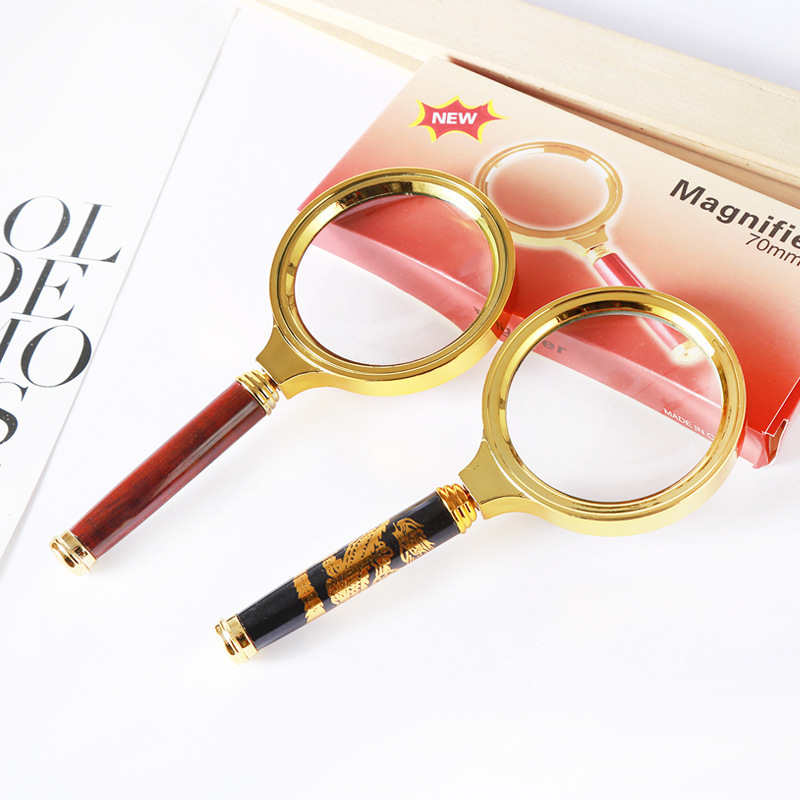 Hand-held 10x high-end exquisite imitation mahogany handle gold-plated gift reading magnifying glass for the elderly