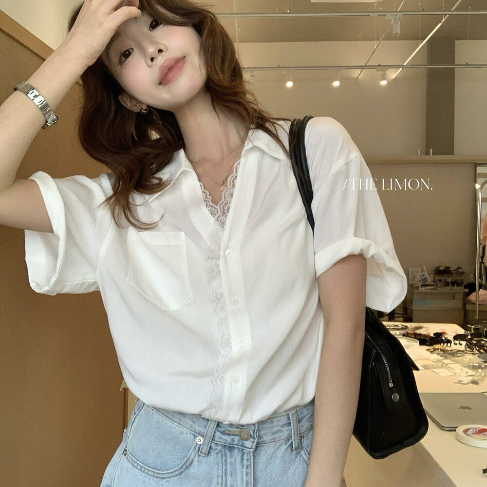 Áo sơ mi tay ngắn nữ phối ren viền cổ, dáng rộng mùa xuân hè — màu trắng, Xanh da trờicolor