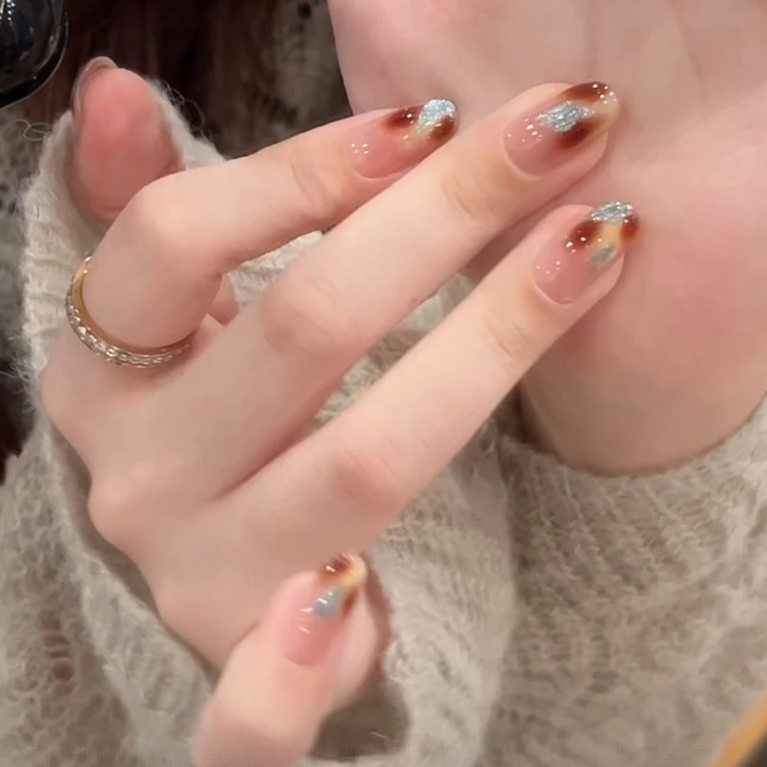 【金秋琥珀】纯手工穿戴甲猫眼美甲撞色秋冬高级感假指甲贴片显白