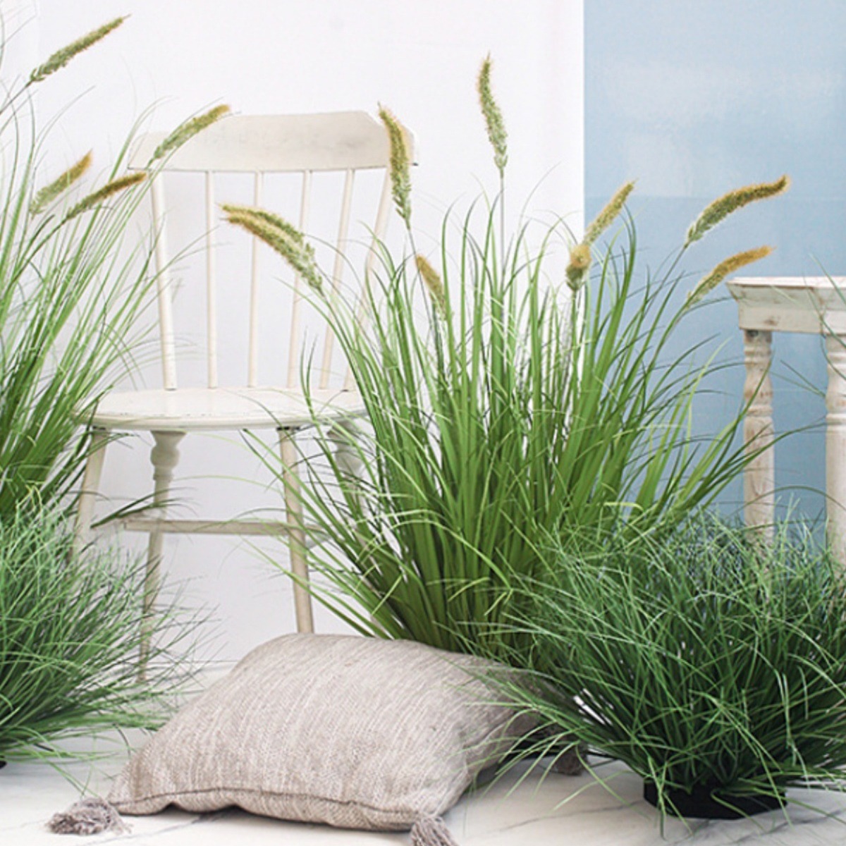 Simulación de plantas verdes, cola de perro, hierba de junco, paisaje interior, plantas verdes, ventanas, plantas verdes en macetas, decoración del hogar nórdico, hierba falsa