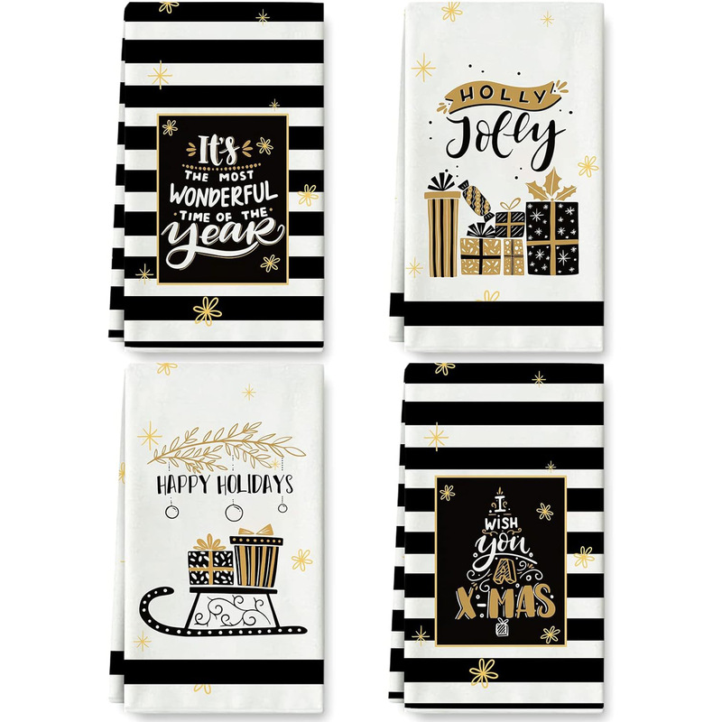 Christmas kitchen towel black and white striped dish towel golden snowflake happy holiday tea towel farmhouse dry hand towel Christmas kitchen towel black and white striped dish towel golden snowflake happy holiday tea towel farmhouse dry hand towel