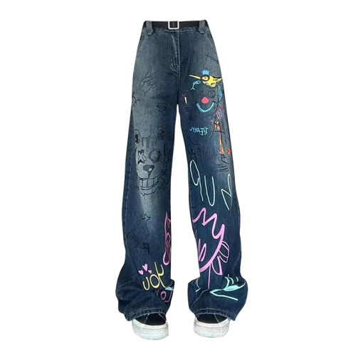 American Retro Street Graffiti Denim Jeans for Children and Women - Spring National Trend, Unique, Loose, Slimming, Straight, Wide-Legged, Floor-Length Pants