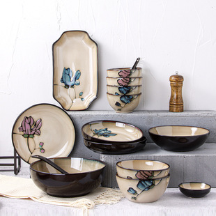 Ceramic suit Flower Creative Dish Japanese-style Underglaze Color Tableware Household Fish Plate Round Fruit Plate Kiln Change Rice Bowl