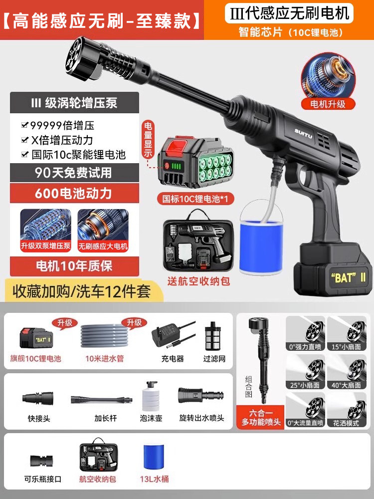 Water Gun, Lizeng Portable car washer - high-energy-brushless-ultimate-edition-1000-water-pressure-10m-hose-aviation-package-6-in-1-nozzle-13l-bucket