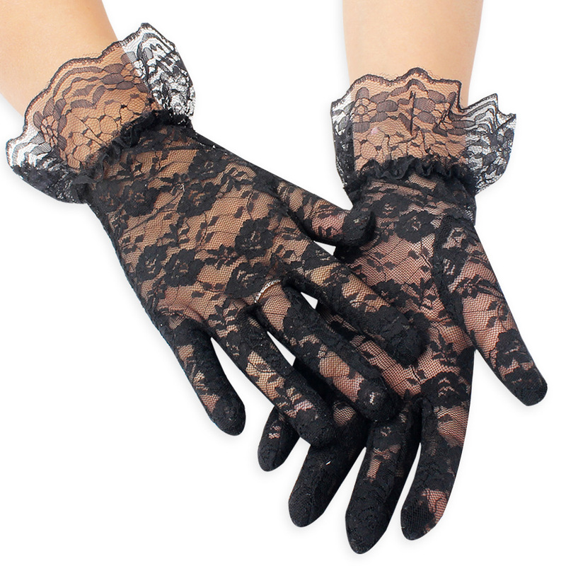 Summer sexy bridal big lace lace gloves short driving electric car riding sun protection gloves black and white blue