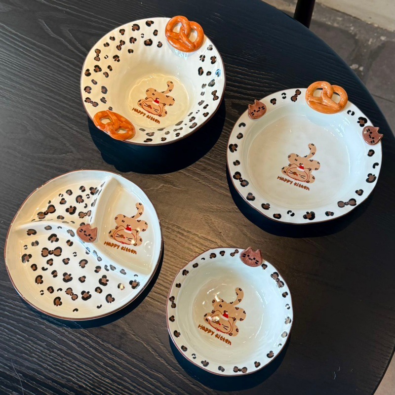 Tacos de cerámica con patrón de leopardo para gatos, platos de postres caseros, platos de arroz, platos de fideos caseros, platos de platos de sopa