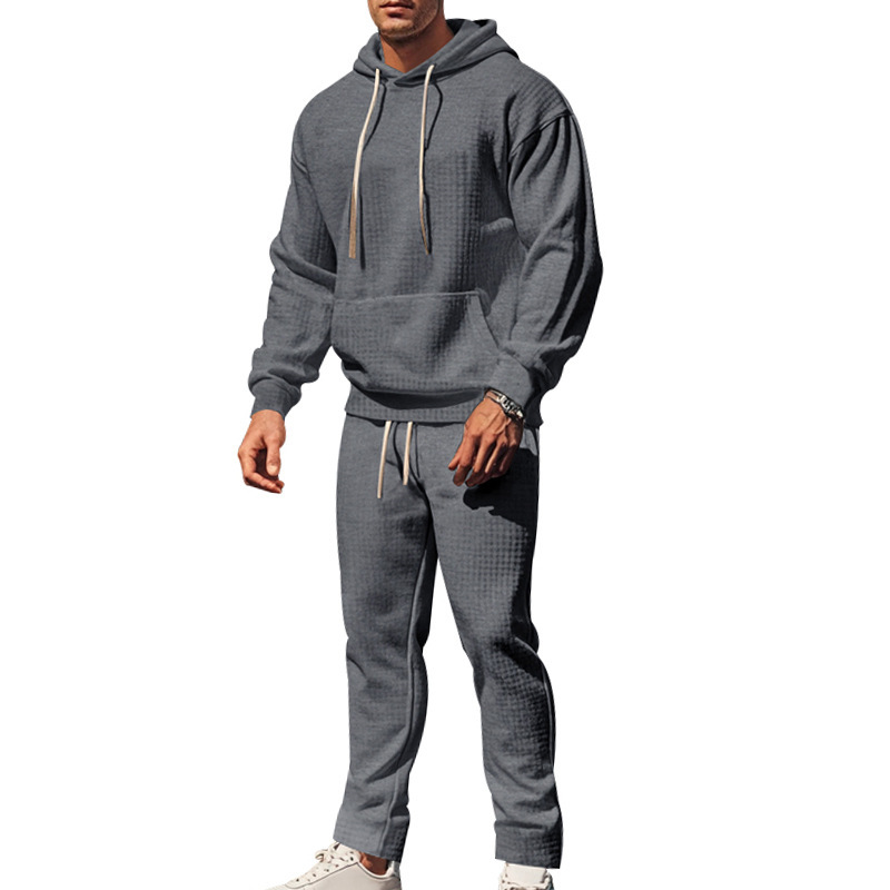 Men's Clothing heavy jacquard small square long sleeved trousers hooded suit _voghion.com