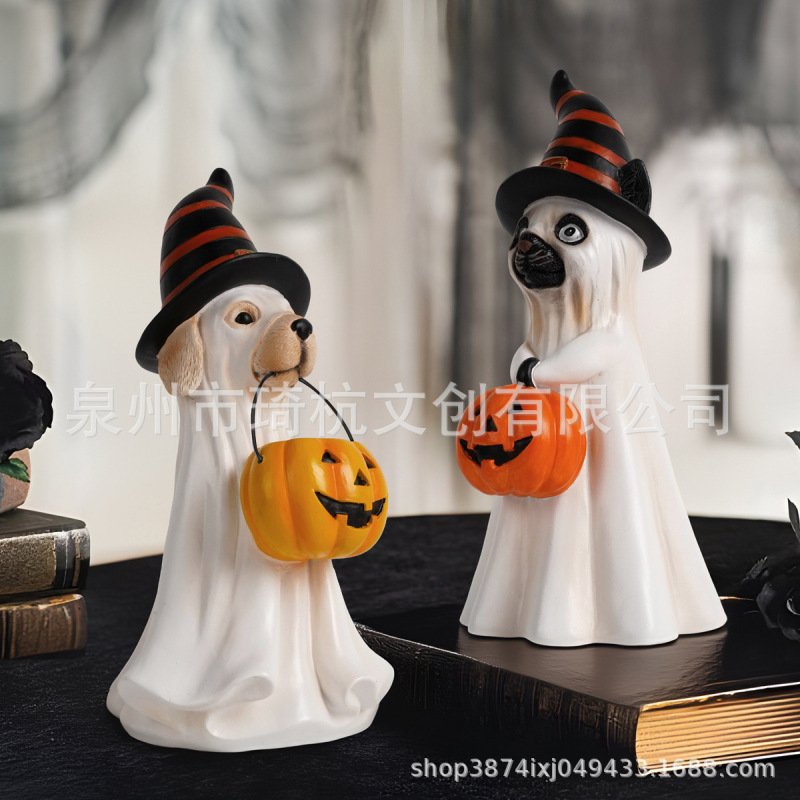 越境新品提かぼちゃ幽霊犬置物玄関バーパーティーハロウィン雰囲気樹脂工芸品飾り|undefined