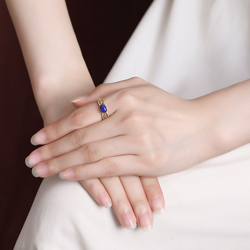 Nhẫn nữ bạc S925 mạ vàng đính đá Lapis Lazuli và Zircon phong cách cổ điển — Mở (một kích thước)