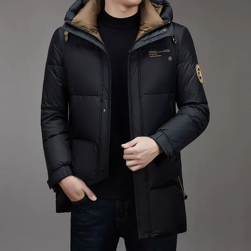 新款羽绒服男款中长款高端休闲风男士连帽冬季白鸭绒中年爸爸外套
