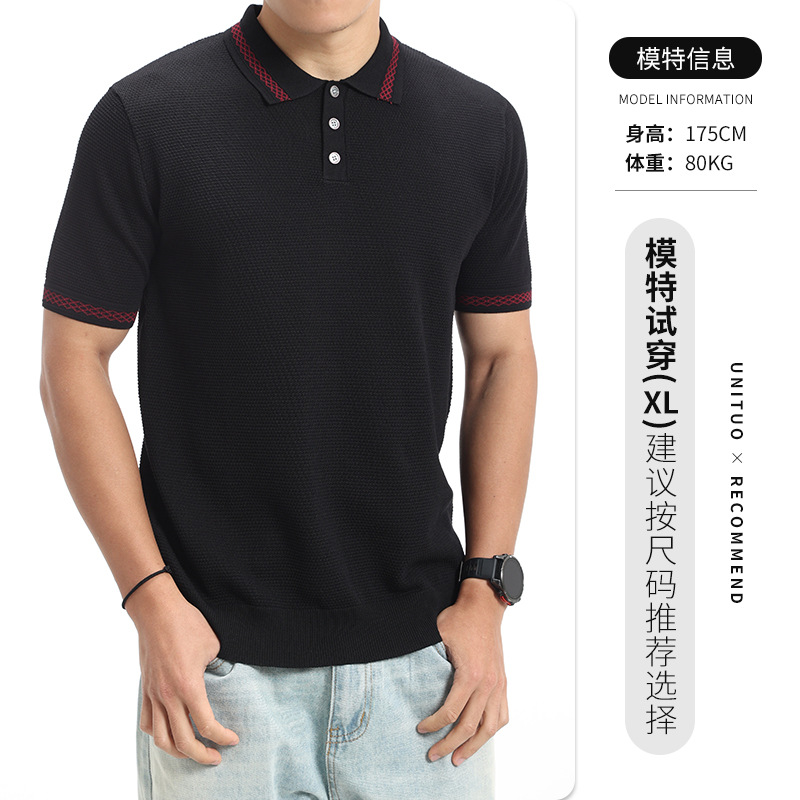 Hombres nuevo patrón de piña hielo jersey polo de punto de manga corta botón de solapa hombre sensación de alto grado de ropa casual de hombre verano