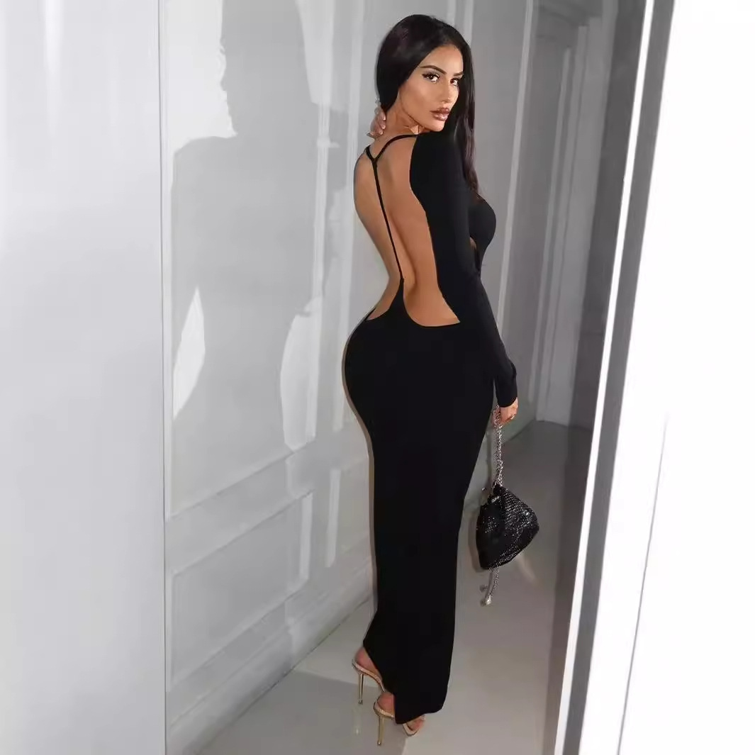 European and American Cross-Border Women's Clothing Autum New Pure Color Long-Sleeved Sexy Backless Slim-Fitting Hip-Hugging Long Dress,,