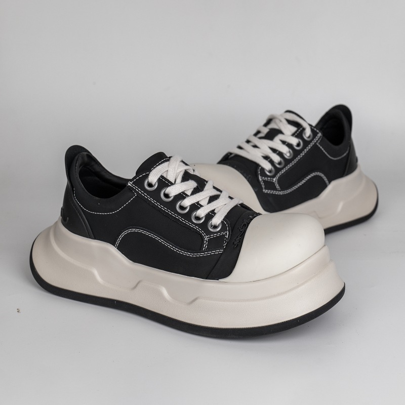 Chaussures en cuir noir mat pour femmes, chaussures décontractées noires à lacets, semelle épaisse augmentant la hauteur, retournées_voghion.com