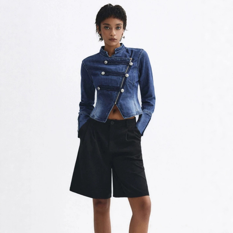 Cross-border foreign trade vintage military-style diagonal zipper denim short jacket for women, stand-up collar, slim-fit, waist-cinching jacket, niche style Cross-border foreign trade vintage military-style diagonal zipper denim short jacket for women, stand-up collar, slim-fit, waist-cinching jacket, niche style