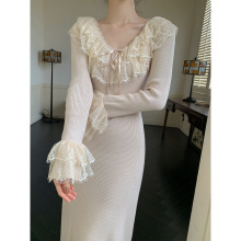 SYT自制 法式高级感蕾丝纯欲荷叶边修身针织鱼尾长袖连衣裙防起球