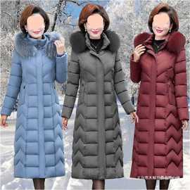 妈妈冬装棉衣女中长款过膝大码显瘦棉袄中老年女加厚羽绒棉服外套