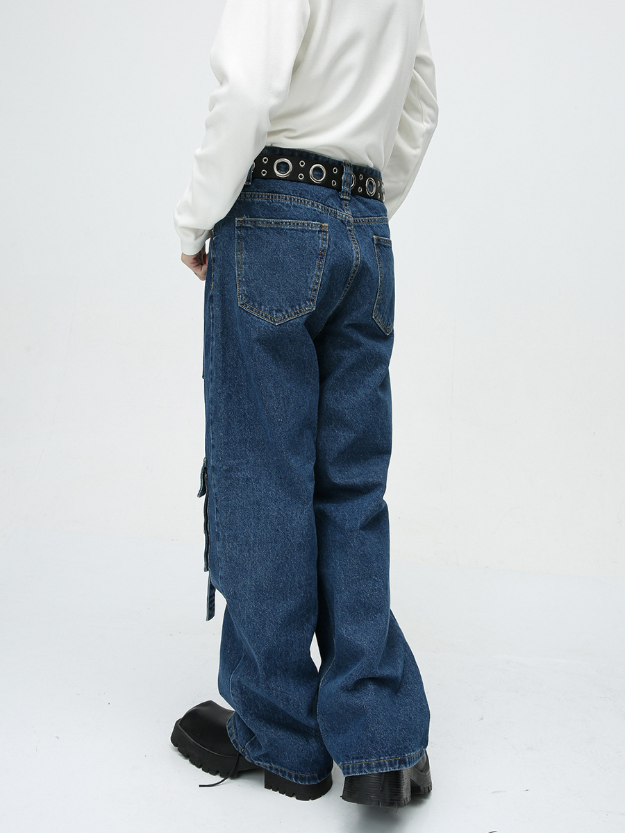 MTLClothes ropa de Hombre | 2023 otoño europeo y americano calle multi-Bolsillo costura Diseño ancho pierna ropa de trabajo jeans