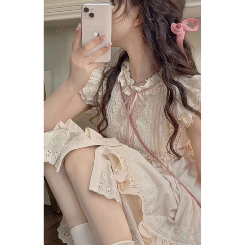 French Sweet Fairy Sleeve Fairy dress Summer Lace Ear Strap Waist Slimming Princess Skirt for Petite