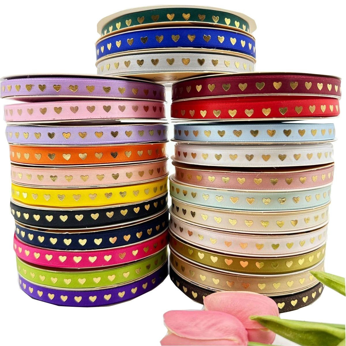 Лента для горячего тиснения шириной 1 см с золотым сердцем, лента для цветов на День святого Валентина, лента для выпечки тортов, прямые поставки от производителя, печать на лентах