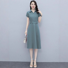 2023夏季新款女装中年妈妈气质减龄收腰显瘦纯色衬衫POLO领连衣裙
