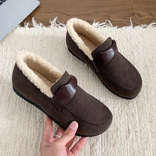 Plush Furry Shoes for Women 2024 Autumn and Winter New Style Flat Heel Round Toe Slip-On Loafers Warm Beanie Cotton Shoes