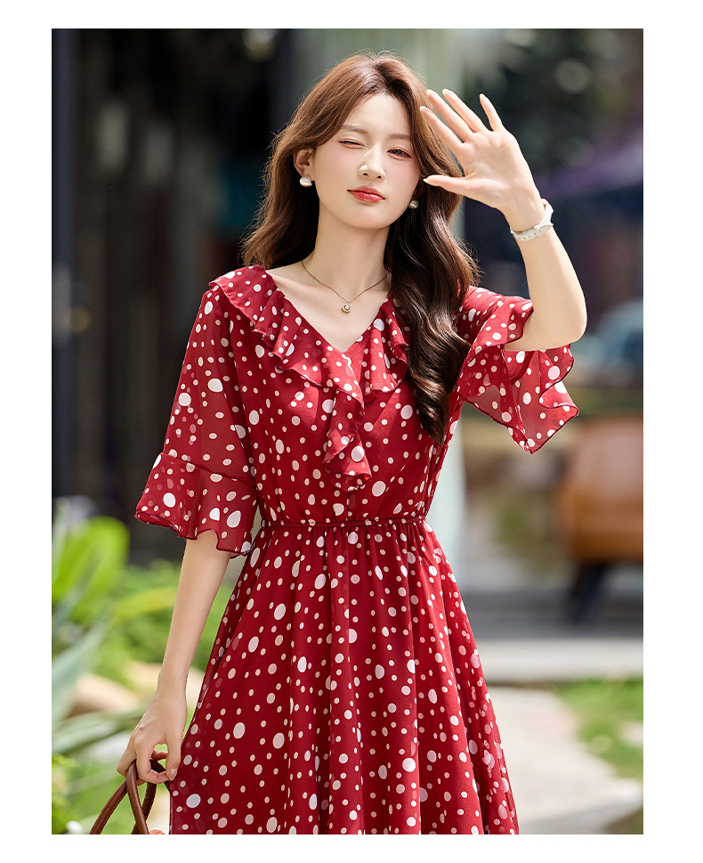 Đầm maxi nữ thắt eo cổ V in chấm bi đỏ — màu đen, màu đỏ chi tiết 24