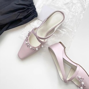 Sheepskin Version ~ French Gentle Purple Cross Strap Rhinestone Knitted Square Toe Mueller Shoes Women's Outer Wear Inner Heightening Sandals