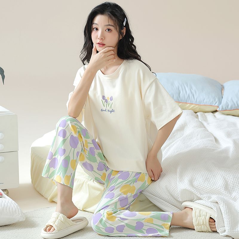 Pantalones de manga corta para mujer de verano, pantalones cortos, pijamas de cuello redondo de tres piezas, algodón de imitación, almohadillas para el pecho, estilo casual cómodo, suave y simple