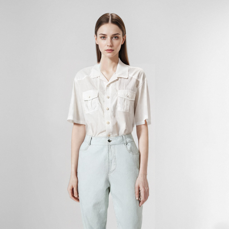 Casual Flip Double Pocket Simple Trendy Goose Yellow Short-sleeved Shirt Women's Summer New Lapel Shirt Trendy