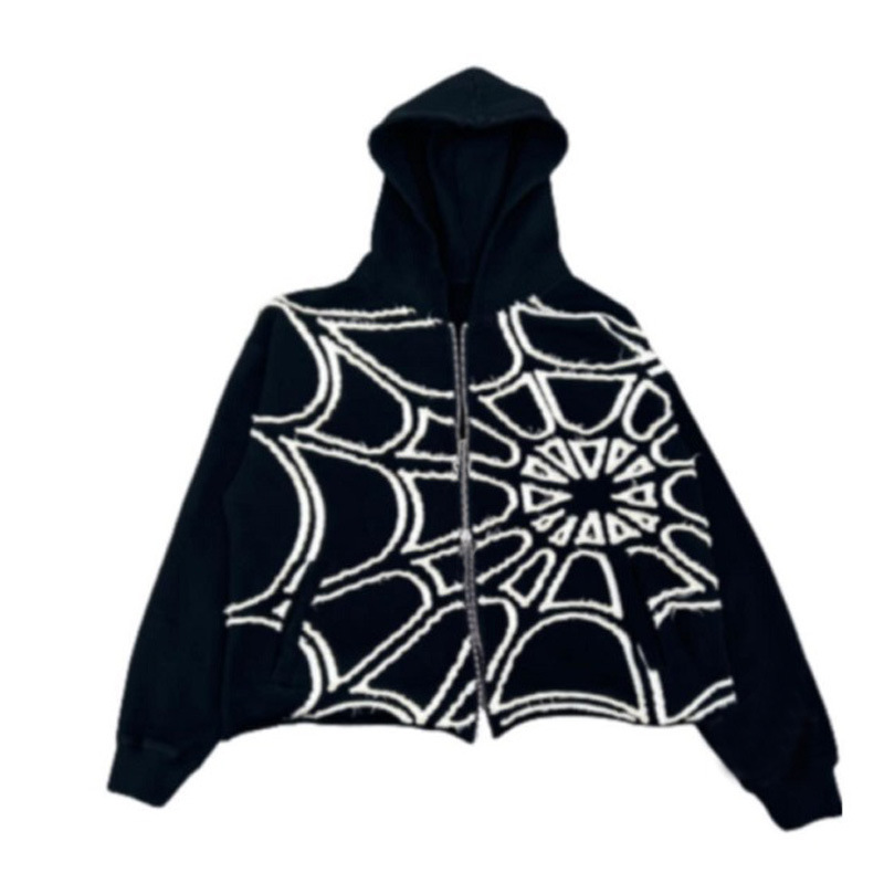Felpa sportiva da strada alla moda con cappuccio e cerniera larga con stampa ragno da uomo_voghion.com