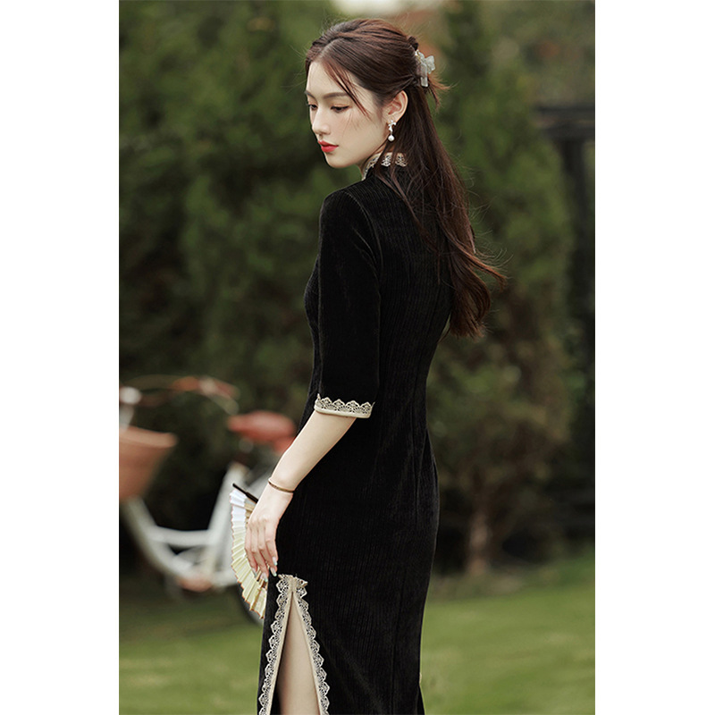 Black Improved Cheongsam 2025 Autumn and Winter New Chinese Style Young Style Classy Elegant Old Shanghai Classy Dress Black Improved Cheongsam 2025 Autumn and Winter New Chinese Style Young Style Classy Elegant Old Shanghai Classy Dress