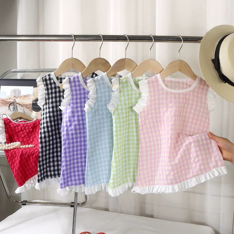 Платье в клетку для девочек с воротником-рюшем лето 2025