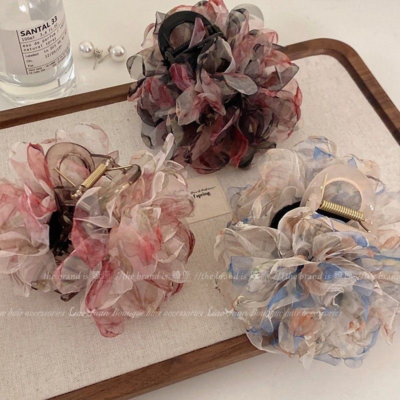 超仙网纱花朵发夹女法式高级感后脑勺盘发抓夹大号鲨鱼夹子头饰|undefined