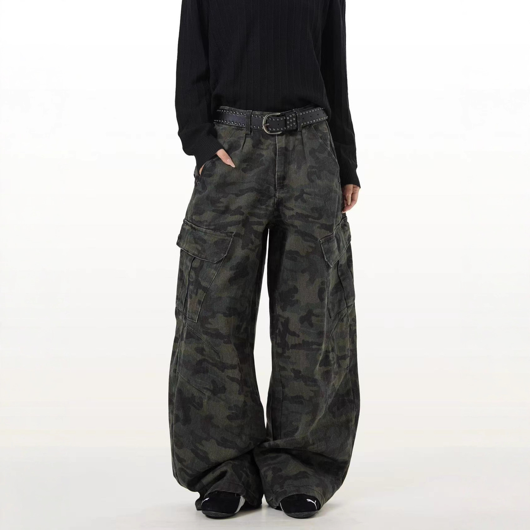 美式复古小众设计弯刀牛仔裤男女潮牌宽松阔腿迷彩工装裤子情侣